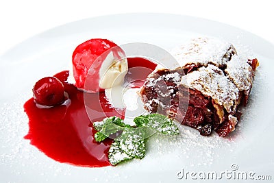 Restaurant food isolated - cherry strudel with ice cream Stock Photo