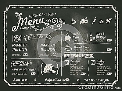 Restaurant Food Menu Design with Chalkboard Background Vector Illustration