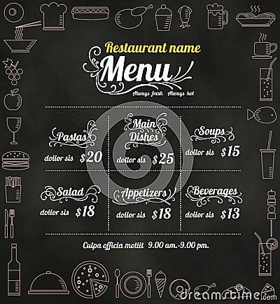 Restaurant Food Menu Design with Chalkboard Background vector format eps10 Vector Illustration