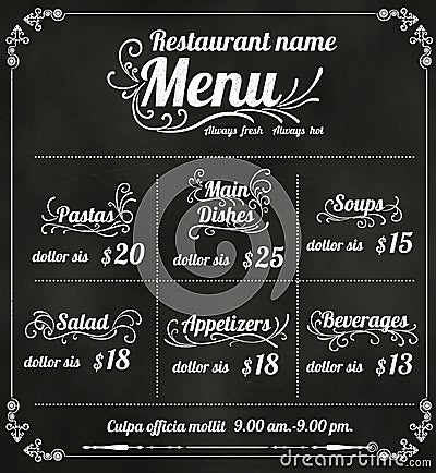 Restaurant Food Menu Design with Chalkboard Background Stock Photo