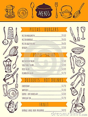 Restaurant food menu for lunch. Hand drawn pictures of kitchen tools. Vector illustration Vector Illustration