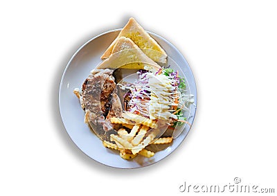 Restaurant food - pock grilled steak with french fries on white plate Stock Photo