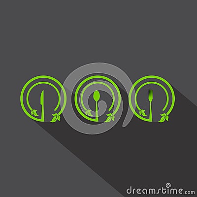 Restaurant fork and spoon icon with leaf Vector Illustration