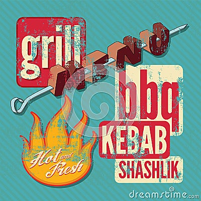 Restaurant grill menu typographic design. Retro grunge vector illustration. Vector Illustration