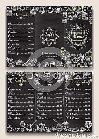 Restaurant hot drinks menu design with chalkboard background. Vector illustration template in vintage style. Hand drawn Vector Illustration