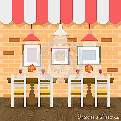 Restaurant interior with bricks wall Vector Illustration