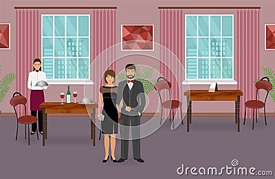 Restaurant interior with couple of visitors and waitress with dish near served dinner table. Food service concept. Vector Illustration