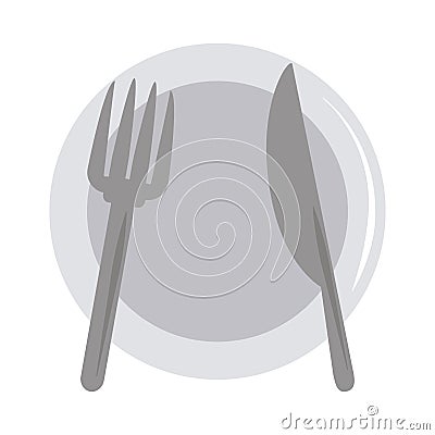 Restaurant kitchen dishware plate fork and knife flat icon style Vector Illustration