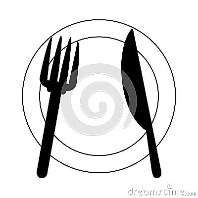 Restaurant kitchen dishware plate fork and knife line icon style Vector Illustration