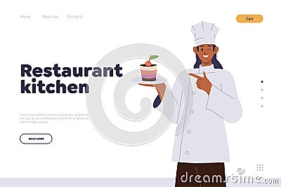 Restaurant kitchen landing page with female confectioner character presenting new dessert recipe Vector Illustration