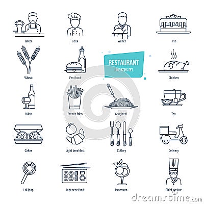 Restaurant line icons set. Employees of restaurant, food, drinks, delivery. Vector Illustration