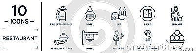 restaurant linear icon set. includes thin line fire extinguisher, spa, servant, hotel, do not disturb, takoyaki, restaurant tray Vector Illustration