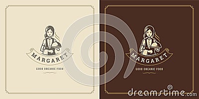 Restaurant logo design vector illustration waitress holding cloche tray silhouette Vector Illustration