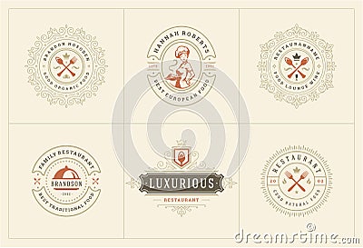 Restaurant logos templates set vector illustration good for menu labels and cafe badges Vector Illustration