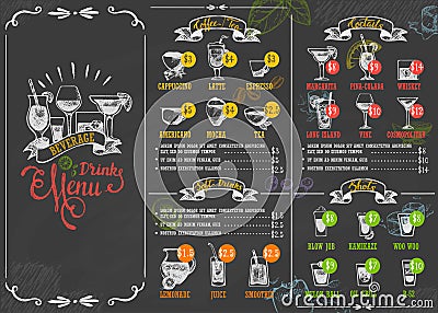 Restaurant menu beverage drink poster chalkboard calligraphic lettering old retro vintage style vector illustration. Vector Illustration