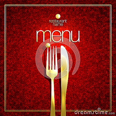 Restaurant menu card cover design with golden fork and knife against mosaic red background Vector Illustration