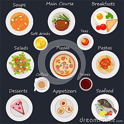 Restaurant menu design elements food and drink icons.Modern flat style Vector Illustration