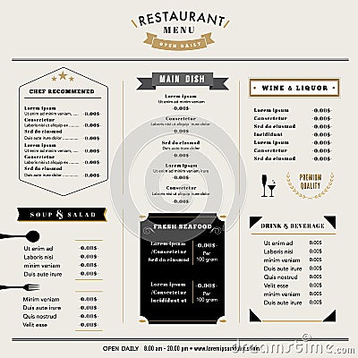 Restaurant Menu Design Template layout with icons and emblem Vector Illustration