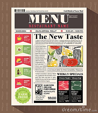 Restaurant Menu Design Template in Newspaper style Vector Illustration