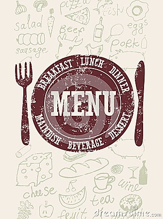 Restaurant menu design. Typographical retro poster with stamp and hand-drawn food. Vector illustration. Vector Illustration