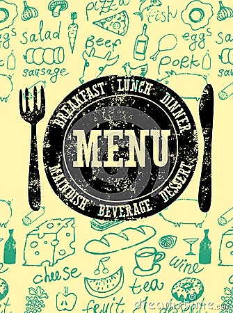 Restaurant menu design. Typographical retro poster with stamp and hand-drawn food. Vector illustration. Vector Illustration