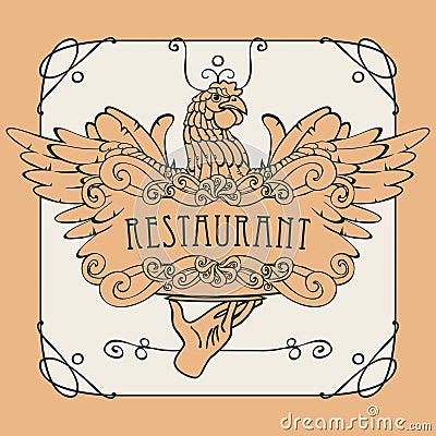 Restaurant menu with the hand, tray and chicken Vector Illustration