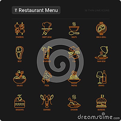 Restaurant menu thin line icons set: starters, chef dish, BBQ, soup, beef, steak, beverage, fish, salad, pizza, wine, seafood, Vector Illustration