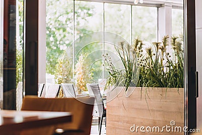 Restaurant in a modern style with textured walls and a parquet. There are gray cheirs with tables, decorative wooden and Stock Photo