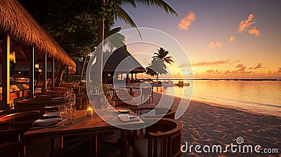 Restaurant on a paradise, exotic, sandy beach. Sunset Cartoon Illustration