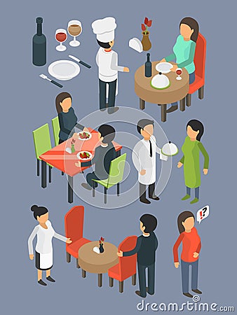 Restaurant people. Catering staff services buffet banquet hall event guests eating and drinking dinner bar food vector Vector Illustration