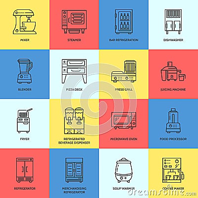Restaurant professional equipment line icons. Kitchen tools, mixer, blender, fryer, food processor, refrigerator Vector Illustration