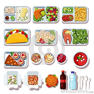 Restaurant ready takeout food on disposable plates Vector Illustration