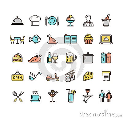 Restaurant Service Signs Color Thin Line Icon Set. Vector Vector Illustration