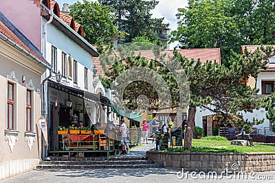 Restaurant and shopping people downtown medieval city Eger, Hungary Editorial Stock Photo