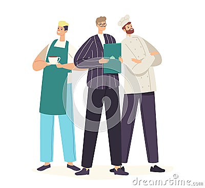 Restaurant Staff Characters in Uniform Posing. Chef in Toque and Apron, Administrator and Waiter Demonstrating Menu Vector Illustration