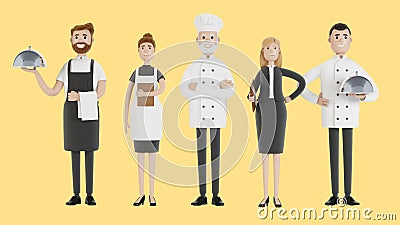 Restaurant staff: chef, cook, assistant, manager, waiter. Catering professionals in uniform. Cartoon Illustration