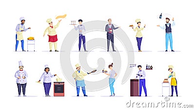 Restaurant staff chef, cook, waitress, bartender. Public catering service staff. Kitchen workers chef cooking food at cafeteria Vector Illustration