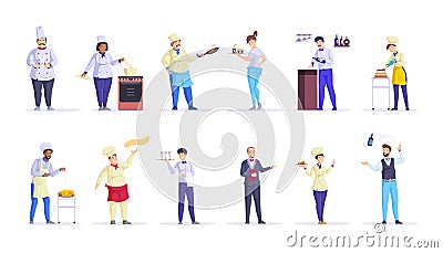 Restaurant staff chef, cook, waitress. Public catering service staff. Catering staff chef cooking meals, waiters, bartender. Vector Illustration