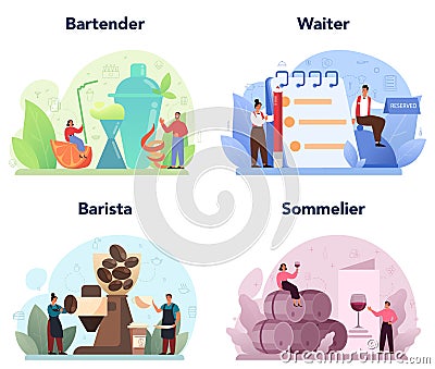 Restaurant staff set. Barman and barista preparing alcoholic drinks and coffee Vector Illustration