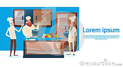 Restaurant Stuff Cook Service Mix Race Group Kitchen Interior Vector Illustration