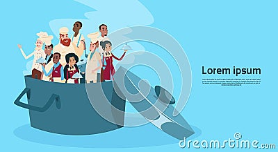 Restaurant Stuff Cook And Waiters In Saucepan Service Mix Race Group Banner Vector Illustration