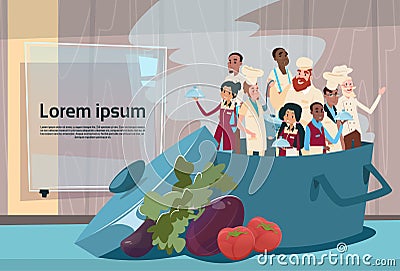 Restaurant Stuff Cook And Waiters In Saucepan Service Mix Race Group Banner Vector Illustration