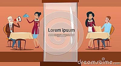 Restaurant Stuff Cook And Waiters Serving Client Mix Race Group Cafe Interior Vector Illustration