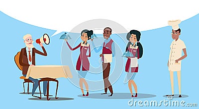 Restaurant Stuff Cook And Waiters Serving Client Mix Race Group Cafe Interior Vector Illustration