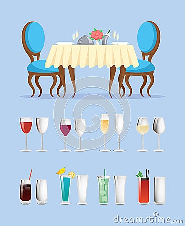 Restaurant Table and Glassware with Cocktails Vector Illustration