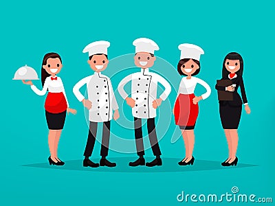 Restaurant team. Chef, cook, manager, waiter. Vector illustration Cartoon Illustration