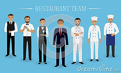 Restaurant team concept. Group of characters standing together: manager, chef, cook, two waiters and barman in uniform. Vector Illustration