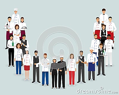 Restaurant team. Group chef, cooks, waiters, bartenders standing together. Food service staff. Vector Illustration