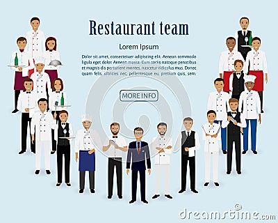 Restaurant team. Group of manager, chef, waiters, cook, bartenders standing together. Food service staff website banner. Vector Illustration