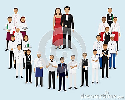 Restaurant team. Group of manager, chef, waiters, cook, bartenders and visitors standing together. Food service staff. Vector Illustration